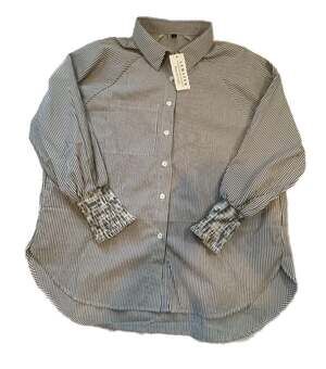 NWT Lemafer Women's Striped Long  Button Blouse Smocked Grandma Ruffle Cuffs